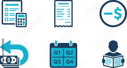 Business finance and transaction icons featuring calculator receipt clock money transfer lock 
location in blue and teal for accounting payment processing time management and secure 
financial operati