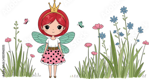 Cute fairy princess illustration with wings and crown, magical garden flowers, butterflies, fantasy character, children storybook style, vector artwork