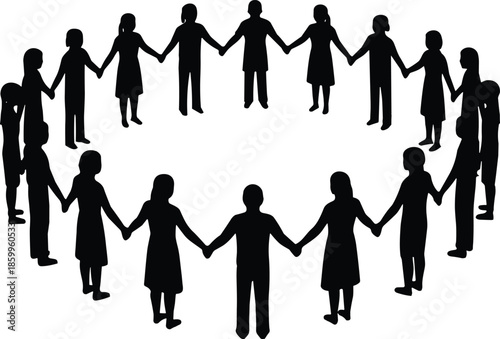 Black silhouettes of diverse children and teenagers holding hands while standing in a large circle isolated on a white background.