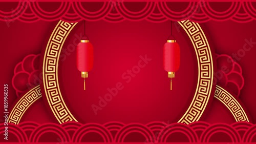 Motion graphic of Golden circle frame with chinese new year and year of the Rabbit 2026 on dark red background and glitter particle in a happy new year concept abstract background seamless loop video