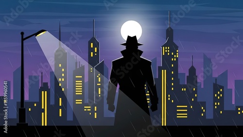 Silhouette of Man in Cityscape at Night.