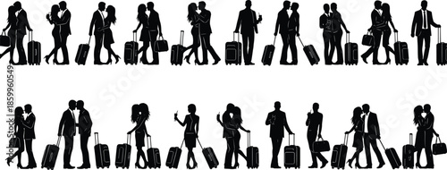 Large set of black silhouettes of traveling couples with suitcases walking, hugging, and kissing on a trip isolated on white background.
