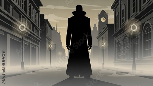 Silhouette of Man Walking Down Foggy Street at Night.