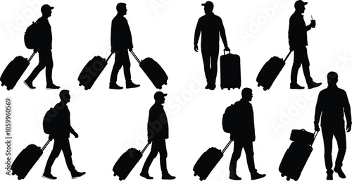 Vector set of black silhouettes of people traveling with suitcases, walking and pulling rolling luggage isolated on a white background.