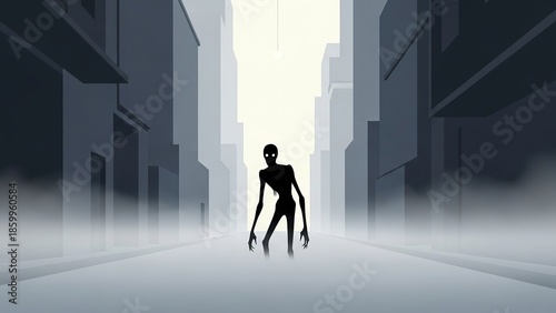 Silhouette of Person in Foggy City Street.