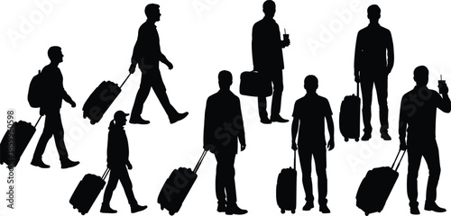 Set of black silhouettes of people traveling with suitcases, walking and standing while holding luggage isolated on a white background.