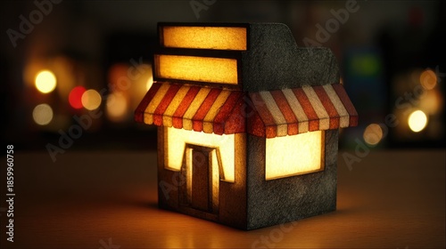 Cozy illuminated miniature shop model with striped awning glowing in soft light
