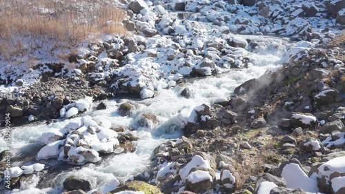 Hot springs and steaming stream of Paektu Mountain Heaven Lake