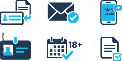Business communication and schedule management icons with email notification mobile 
calendar age restriction document checklist in blue tones for professional correspondence 
appointment planning 