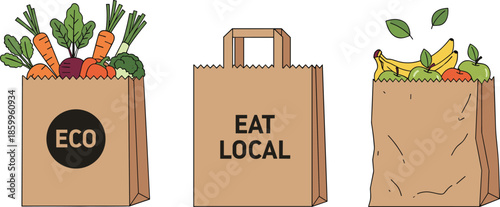 Eco friendly paper grocery bags with fresh vegetables and fruits, sustainable shopping concept, local food packaging illustration isolated