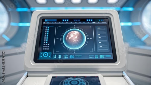 Futuristic control panel digital interface space station advanced technology blue light modern sci fi data display exploration innovation spaceship