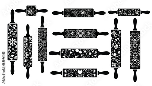 An arrangement of decorative rolling pins with intricate floral and geometric patterns