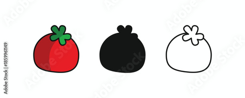 Fresh red tomato icon set featuring flat color, solid black silhouette, and linear outline styles isolated on white