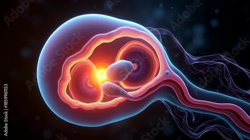 Human embryo fetus pregnancy uterus development medical science anatomy biology reproductive health prenatal growth glowing early stage cell zygote