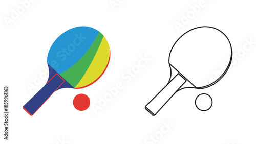Colorful ping pong paddle and a black and white line drawing version