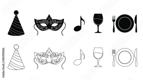 Party icons set hats masks musical notes dining and celebration elements