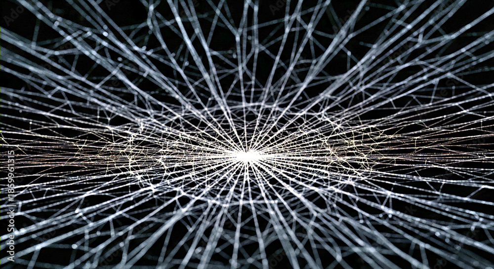 Obraz premium Abstract spider web–like network of radial light lines converging toward a bright central point on a dark background symbolizing data connection, energy flow, technology network