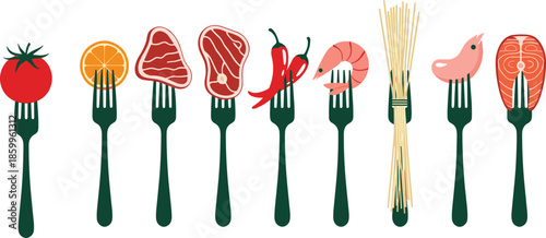 Food ingredients on forks illustration, meat seafood vegetables pasta arranged in row isolated on white background flat vector design concept