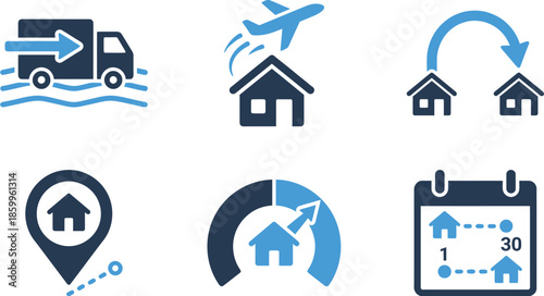 Real estate and property services icons with moving truck house location map pin calendar in 
blue color palette for relocation residential search home buying logistics and housing market 
navigation 