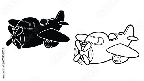 Black and white illustration of a vintage airplane with filled and outline versions