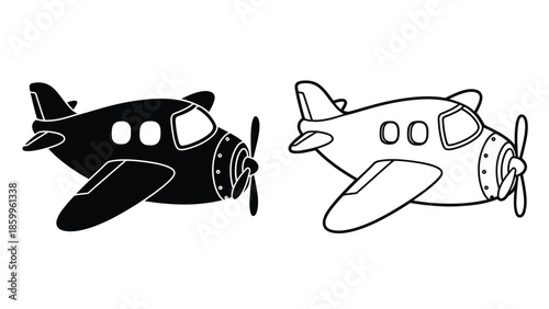 Two stylized biplane illustrations one solid black and one outlined in white