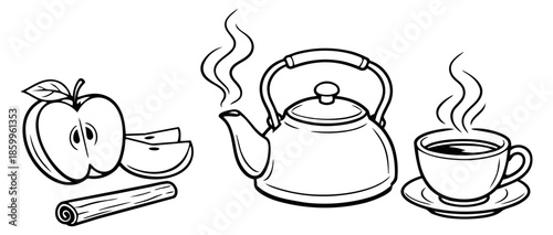 Hand drawn line art cozy beverage elements set featuring an apple, cinnamon stick, steaming kettle, and a hot cup for fall season drinks