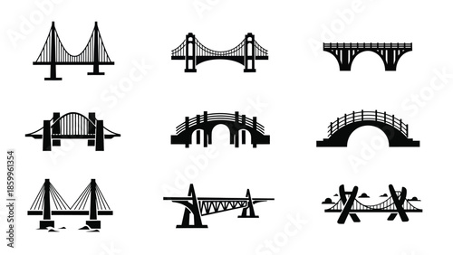 A collection of different bridge designs in a simple black and white style