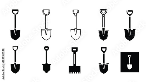 Collection of various black and white gardening tools primarily shovels and spades