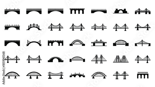 A collection of various bridge designs presented as simple black and white icons