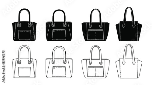 Variety of tote bags black and white outlines different styles displayed