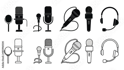 Collection of various microphone and headphone icons in a black and white style