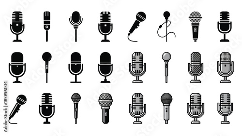 Collection of vintage and modern microphone silhouettes in a monochrome style