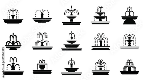 A collection of decorative fountain icons in a black and white style
