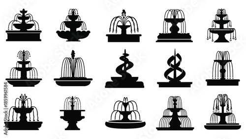 A collection of detailed black and white illustrations of various fountain designs
