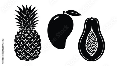 Black and white illustration featuring a pineapple mango and papaya fruit design