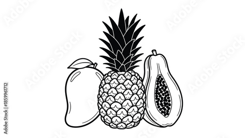 A black and white sketch displaying a pineapple mango and papaya fruit