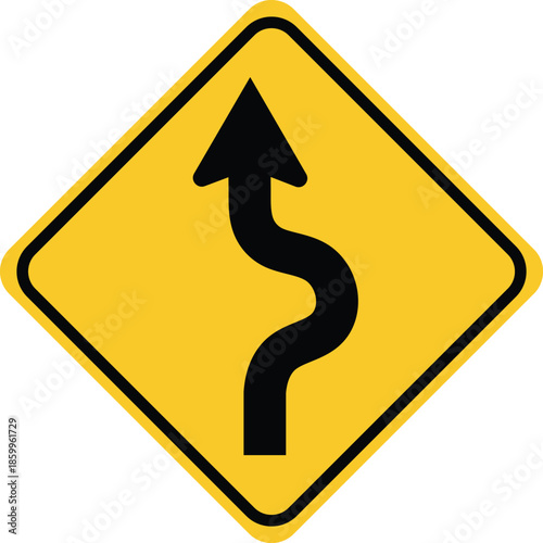 Yellow diamond road sign with black winding arrow pointing up
