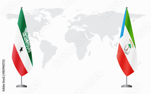 Somaliland and Equatorial Guinea flags for official meeting against background of world map.