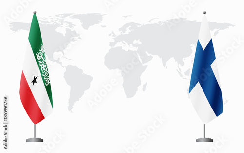 Somaliland and Finland flags for official meeting against background of world map.