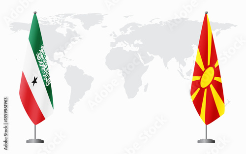 Somaliland and Northern Macedonia flags for official meeting against background of world map.
