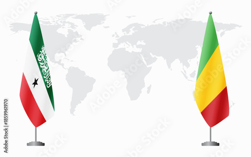 Somaliland and Mali flags for official meeting against background of world map.