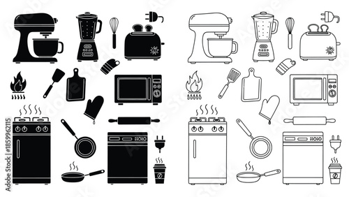 A collection of various kitchen appliances and cooking utensils in black and white