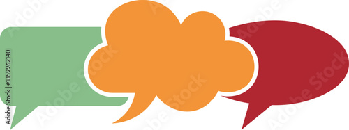 Three overlapping speech bubbles in green orange and red chat communication