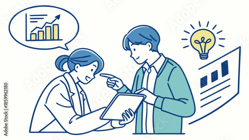 Two people collaborating on a project with charts and graphs.