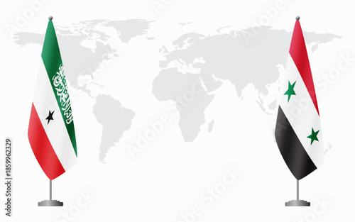 Somaliland and Syria flags for official meeting against background of world map.