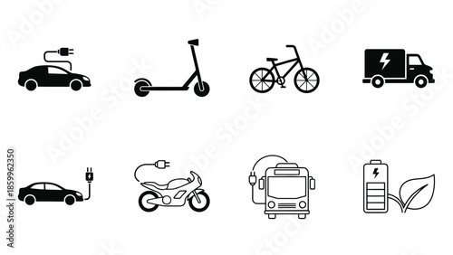 Electric vehicles and charging stations a collection of monochrome icons