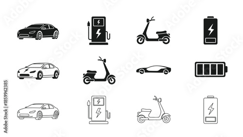 Electric vehicles charging stations and battery icons in a simple black and white style