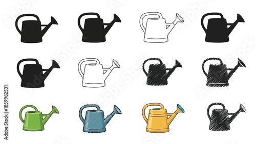 A collection of watering cans in various styles and colors illustrated