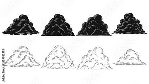 Four dark storm clouds and four fluffy white clouds arranged in a row