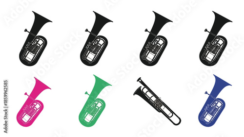 Colorful assortment of brass musical instruments tubas and euphoniums displayed